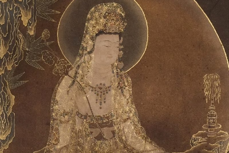 高麗仏画 水月観音図 本金彩色細密画　